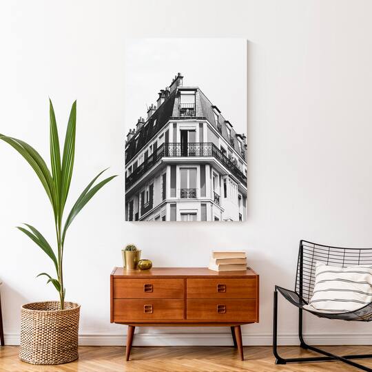 Black And White European Building 24" x 36" Canvas Wall Art